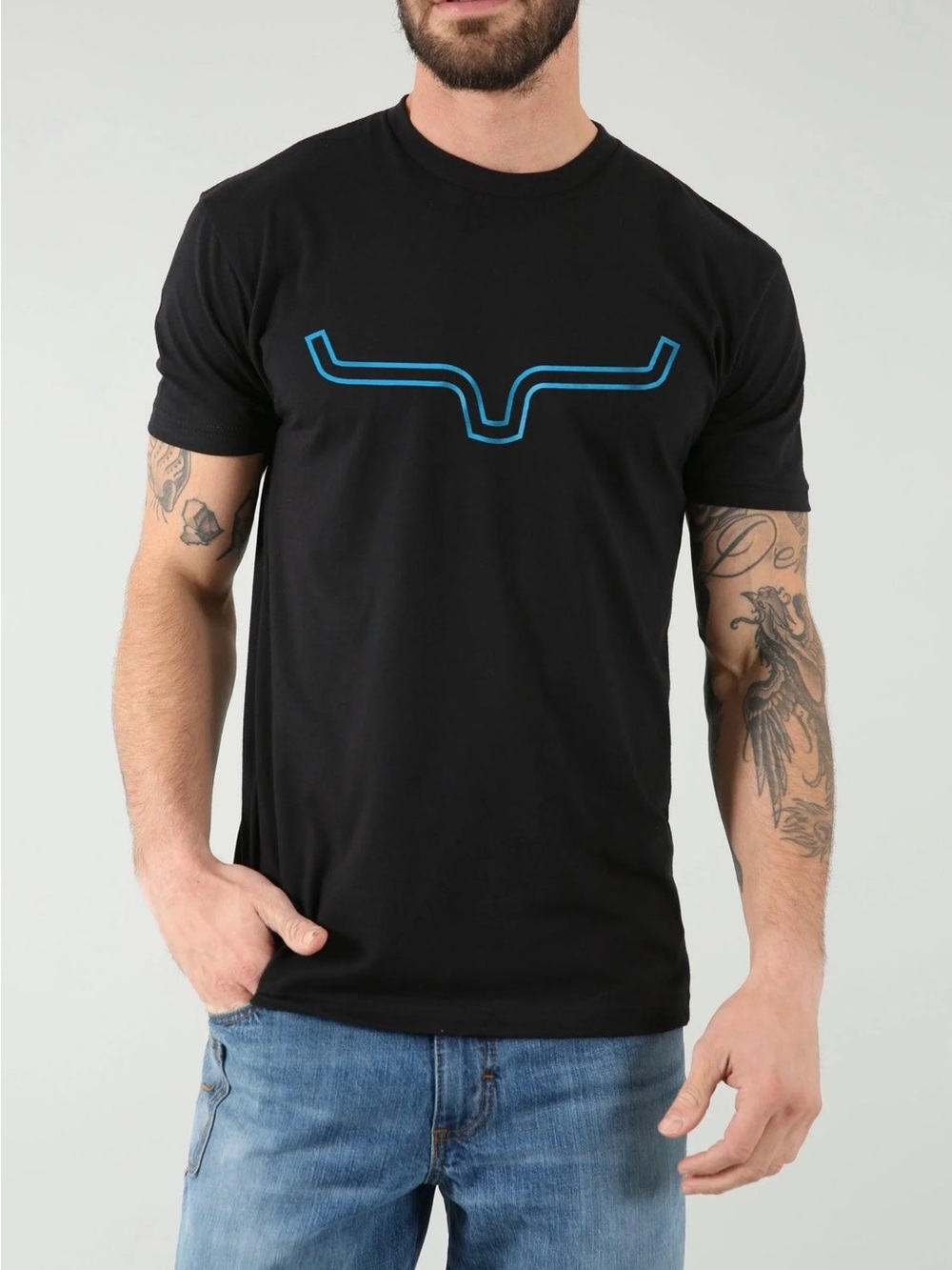 Kimes Men's Black Western Crew Neck T-Shirt with Blue Outlier